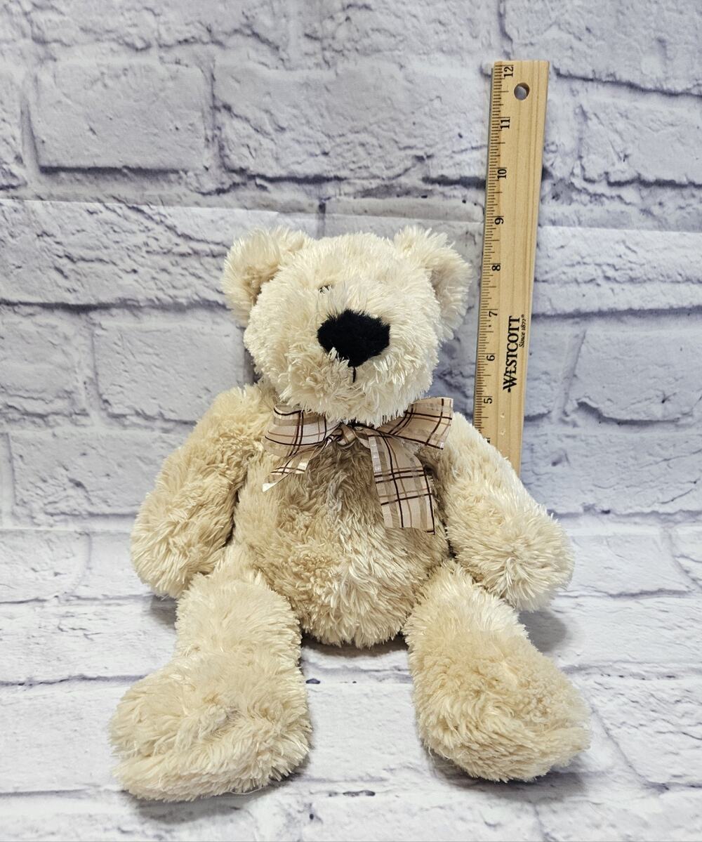 Mary Meyer Cream Teddy Bear Plush Tan Stuffed Animal Plaid Bow Soft Lovey 12”